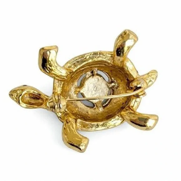 90’s Vintage Gold and Black Turtle Brooch with Crystal Glass jadeite Green Gem - Picture 5 of 6